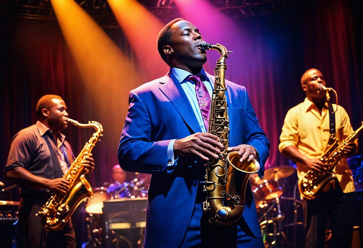 A dynamic, vibrant scene of a jazz club with a charismatic saxophonist passionately playing the saxophone on stage, under moody, colorful lighting. The background is filled with an engaged audience and smooth jazz notes floating in the air visually. The saxophonist's energy should be palpable, and the instruments gleaming. Painting style. vibrant colors. dynamic lighting.