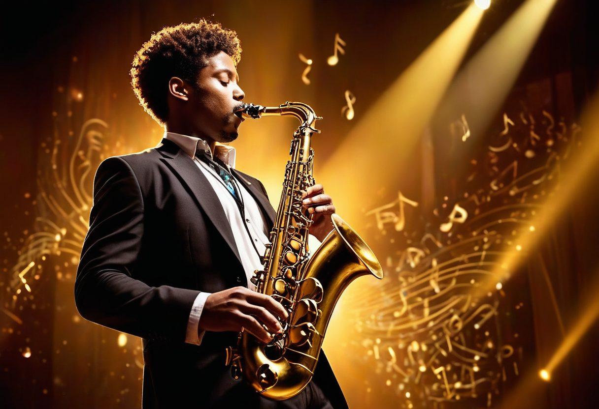 A dynamic scene of a saxophonist passionately playing on a brightly lit stage, with musical notes swirling around. Background shows an enthusiastic audience with spotlights cutting through the dimly lit ambiance. Golden saxophone gleaming under the stage lights, capturing the energy of a live performance. super-realistic. vibrant colors. dramatic lighting.