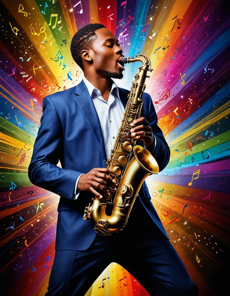 A lively scene featuring a saxophonist passionately playing on stage, with colorful musical notes swirling around, and a diverse audience in awe. The background showcases musical instruments and music sheets, symbolizing lessons and performances. super-realistic. vibrant colors. dynamic composition.